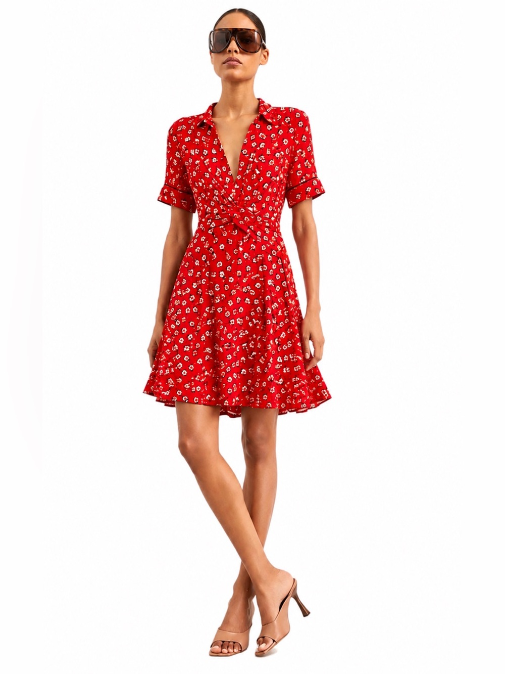 NWOT GANNI MINI DRESS Short Sleeve Collar Twist-Front Red Floral | US 2 (EU 34)